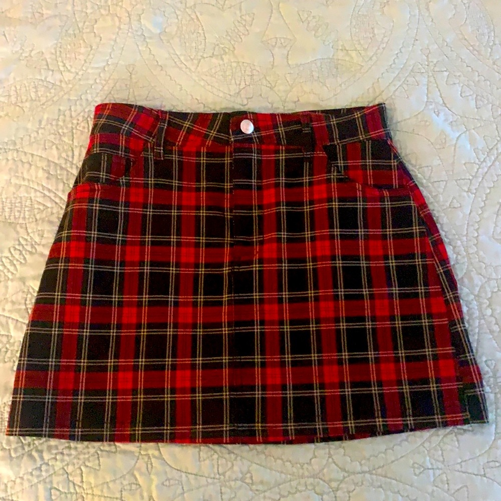 Red Black Plaid Stretch Mini Skirt